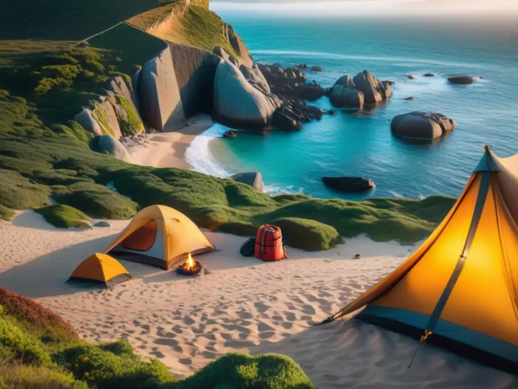 Campamento de aventura en la costa de Uruguay al atardecer Grupo de campistas montando tiendas al atardecer en la costa de Uruguay