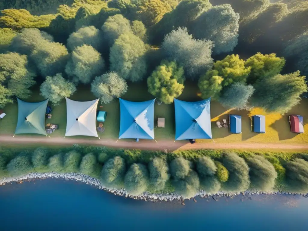 Camping en Uruguay: Armonía en la naturaleza Grupo de campistas armando tiendas en un campamento verde junto a un río, bajo un cielo azul