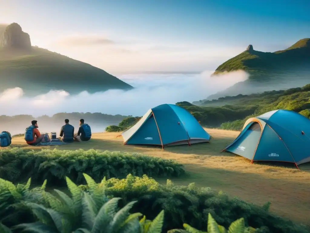 Excitación y camaradería: campamento en Uruguay con radios recomendados Un grupo de campistas en Uruguay montando tiendas de campaña y usando dispositivos GPS y radios para comunicarse, rodeados de exuberante vegetación