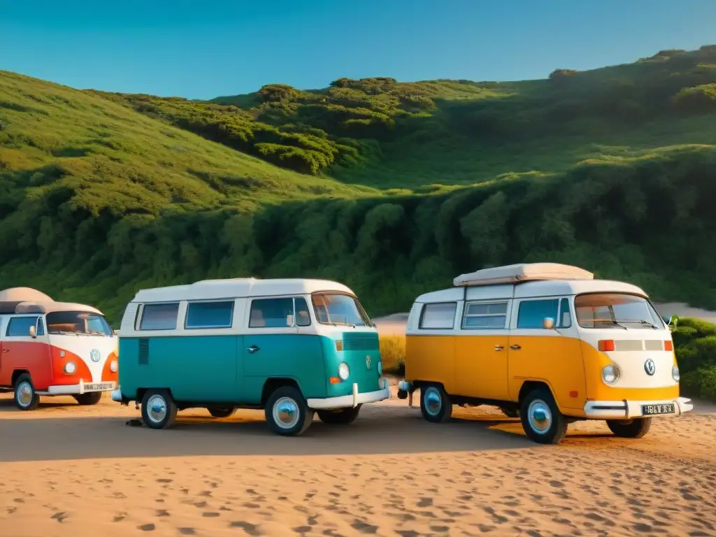 Campamento playero al atardecer en la costa de Uruguay Grupo de campistas montando tiendas de campaña en la costa de Uruguay al atardecer, transmitiendo aventura y camaradería