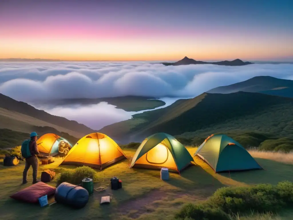Camping al atardecer en Uruguay: preparativos en la naturaleza Un grupo de campistas armando tiendas de campaña en un camping verde en Uruguay, con el sol poniéndose al fondo