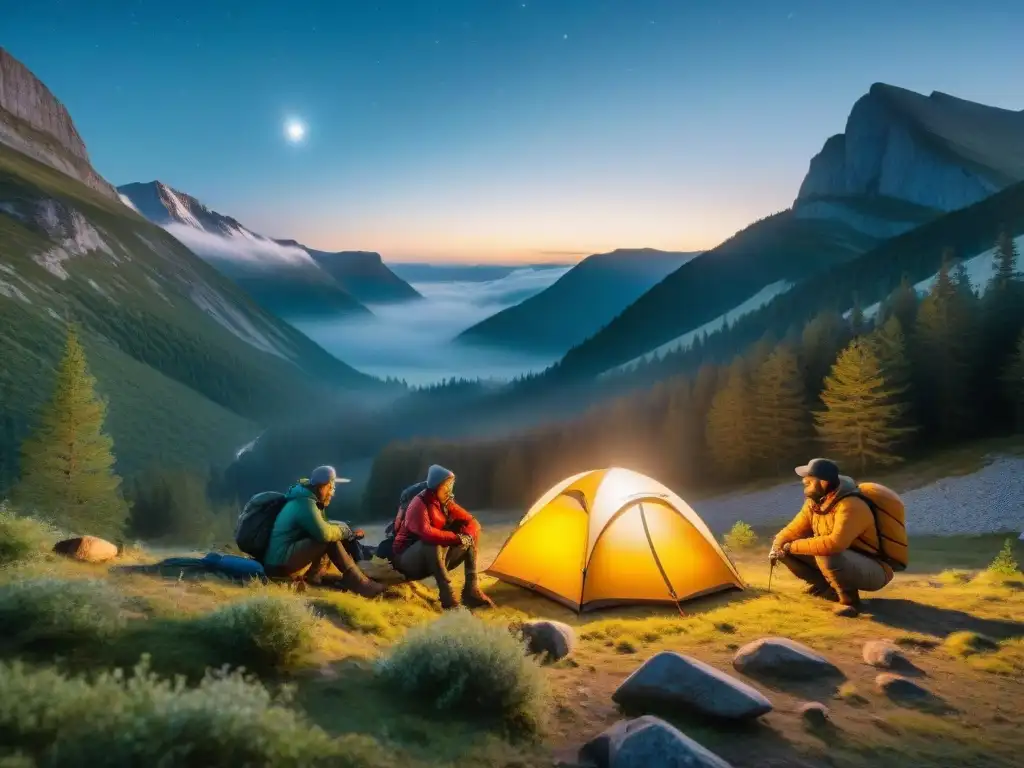 Campamento nocturno: equipo waterproof para aventuras seguras Grupo de campistas montando tiendas bajo el cielo estrellado con fundas impermeables para equipo camping
