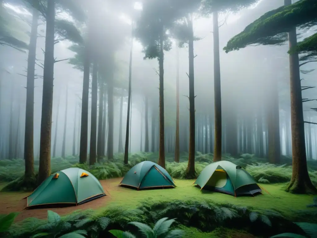 Acampando en la exuberante selva de Uruguay: una escapada natural Grupo de campistas montando tiendas en un frondoso bosque de Uruguay con luz solar filtrándose