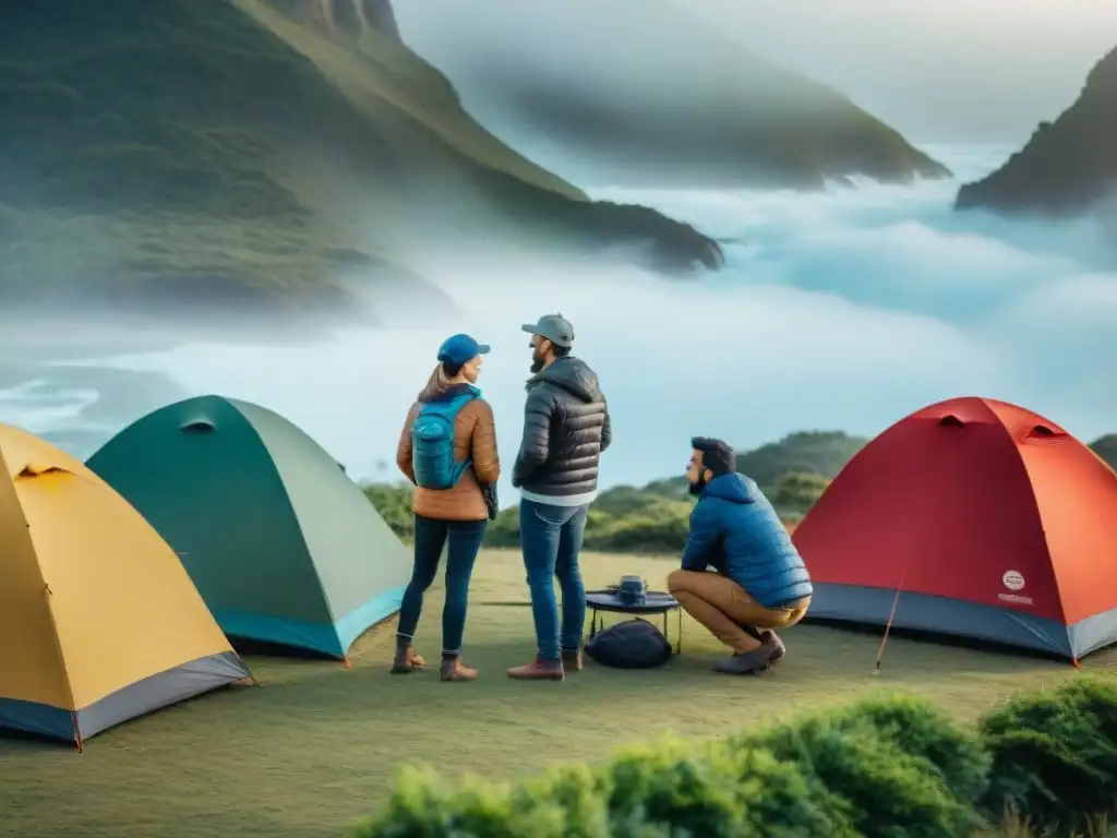 Campamento en Uruguay: Preparación y aventura en la naturaleza Grupo de campistas montando tiendas en un hermoso camping en Uruguay, resaltando la importancia del seguro de viaje camping Uruguay
