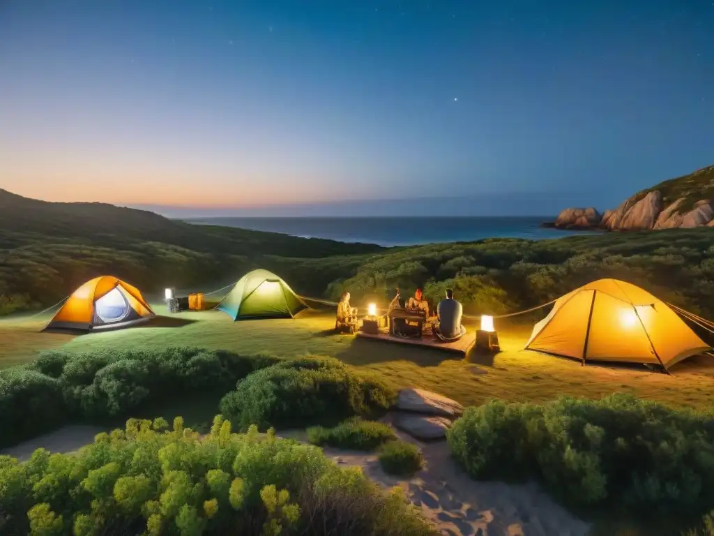 Camping bajo las estrellas en Cabo Polonio: conexión con la naturaleza Un grupo de campistas montando tiendas de lona tradicionales bajo un dosel de estrellas en Cabo Polonio sin electricidad
