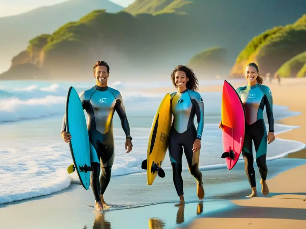 Surfistas al amanecer: aventura y camaradería en la playa Un grupo de campistas con trajes de neopreno y tablas de surf coloridas caminan hacia el océano al amanecer en Uruguay