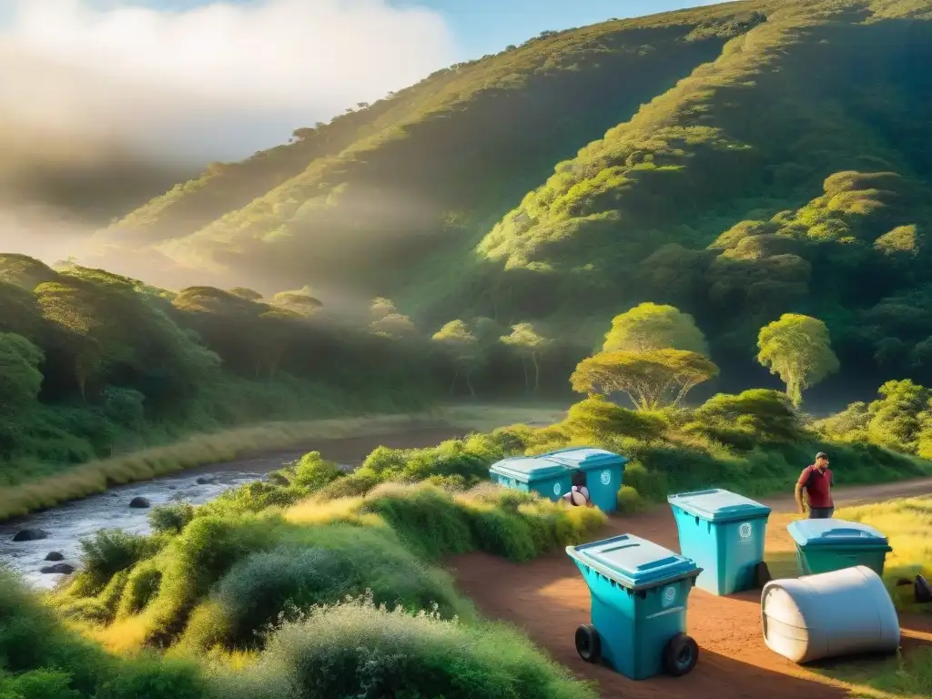 Campamento ecológico en selva uruguaya Grupo de campistas en bosque uruguayo, disfrutando y practicando manejo de residuos al acampar