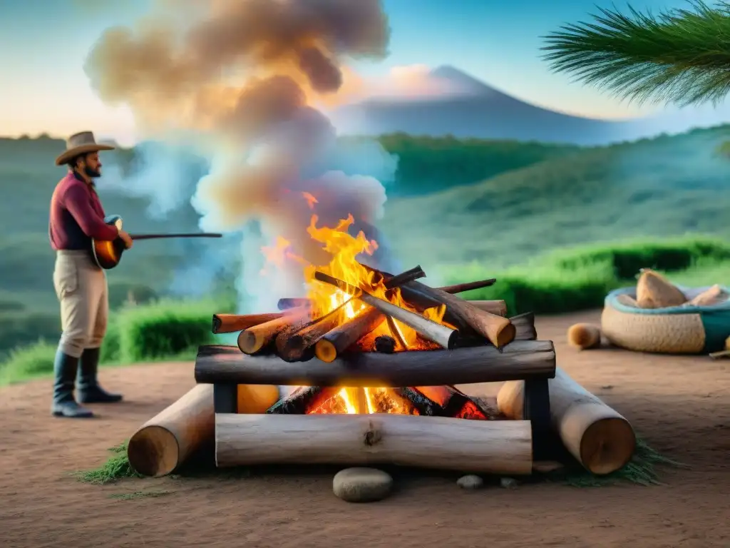 Campamento uruguayo: asado, naturaleza y tradición Un grupo de campistas uruguayos asando asado en el campo, rodeados de naturaleza autóctona y aves, vistiendo atuendos gauchos