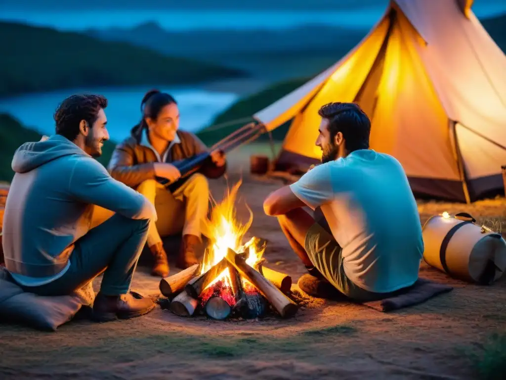 Grupo de campistas uruguayos disfrutando de la fogata nocturna Grupo de campistas uruguayos disfrutando de un cálido fuego de campamento por la noche, rodeados de equipo tradicional de camping