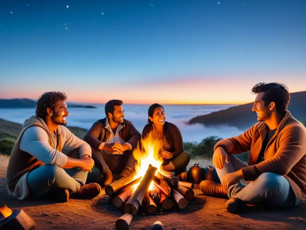Convivencia alrededor del fogón: tradición uruguaya Grupo de campistas uruguayos alrededor de la fogata en la noche, compartiendo historias y risas