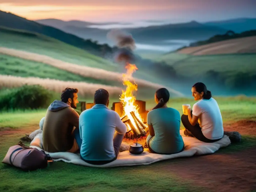 Campamento uruguayo: historias alrededor de la fogata al atardecer Grupo de campistas uruguayos comparten historias alrededor de fogata al atardecer