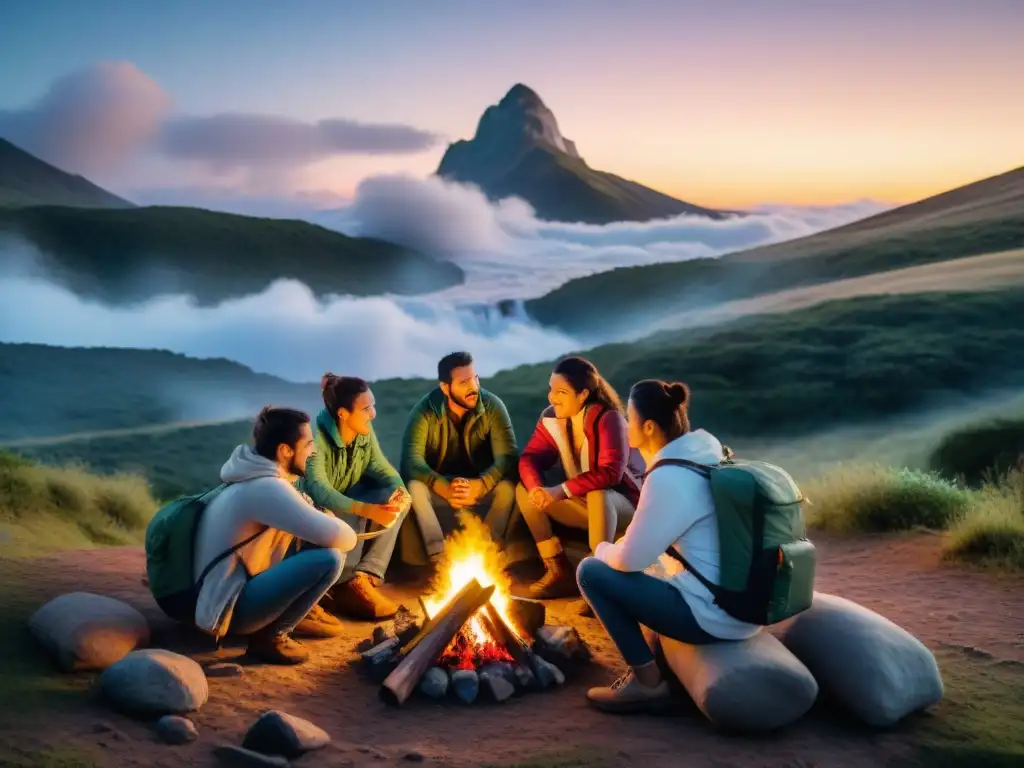 Campamento de amigos en Uruguay: historias junto al fuego Un grupo de campistas uruguayos comparte historias alrededor de la fogata, con mochilas técnicas para camping en Uruguay a un lado