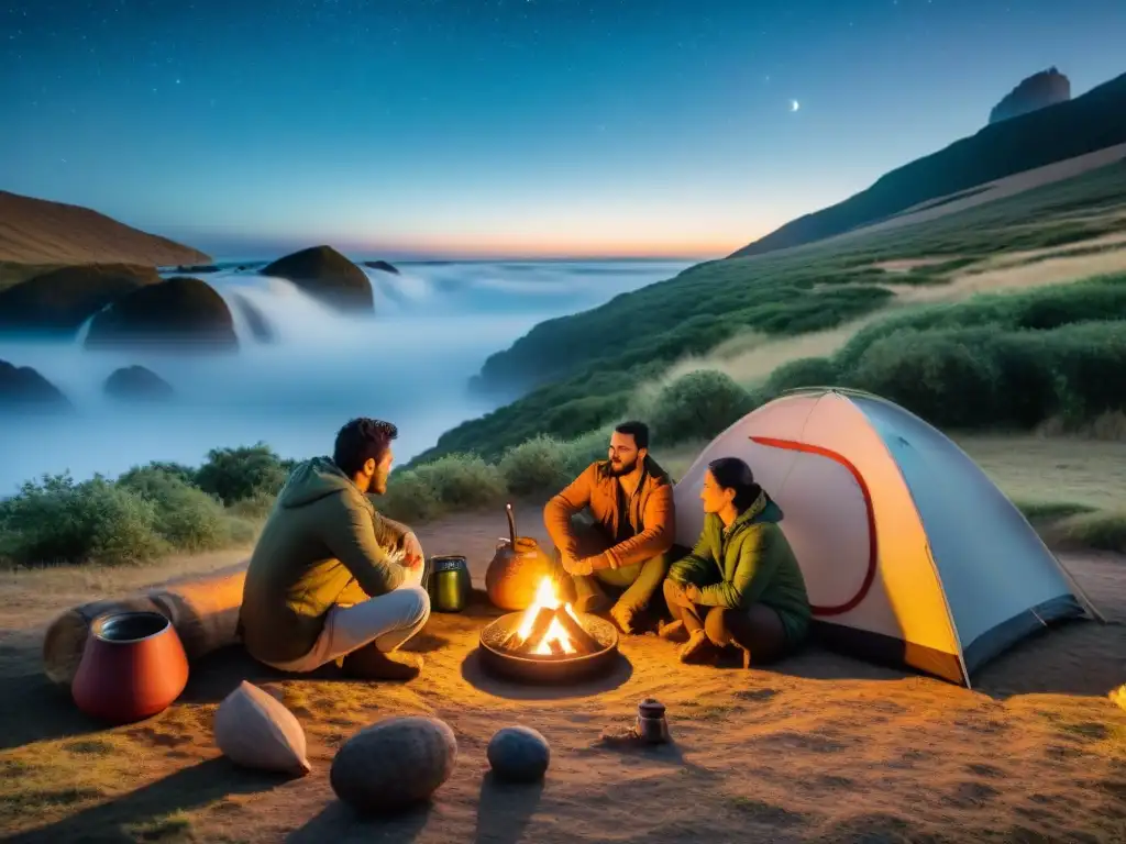 Campamento uruguayo: mates bajo las estrellas Grupo de campistas uruguayos compartiendo mate alrededor del fuego en un campamento, reflejando el impacto cultural del camping en Uruguay