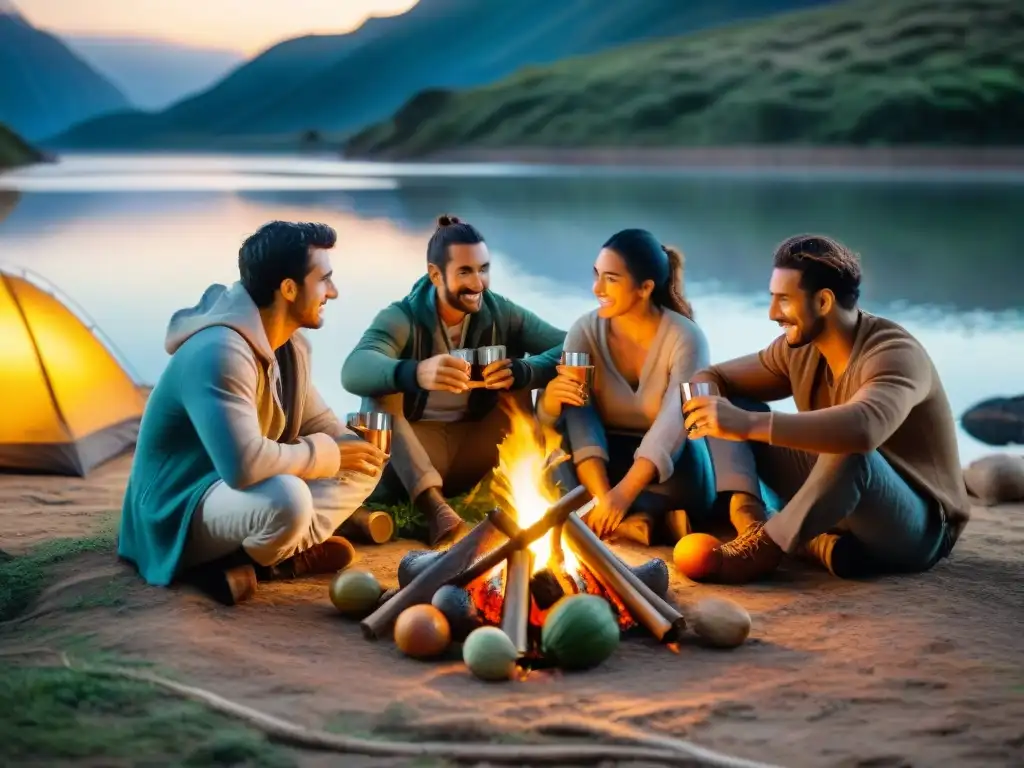 Campamento sostenible: mates en la naturaleza uruguaya Grupo de campistas uruguayos disfrutan de mate en la naturaleza, demostrando una cultura de camping sostenible