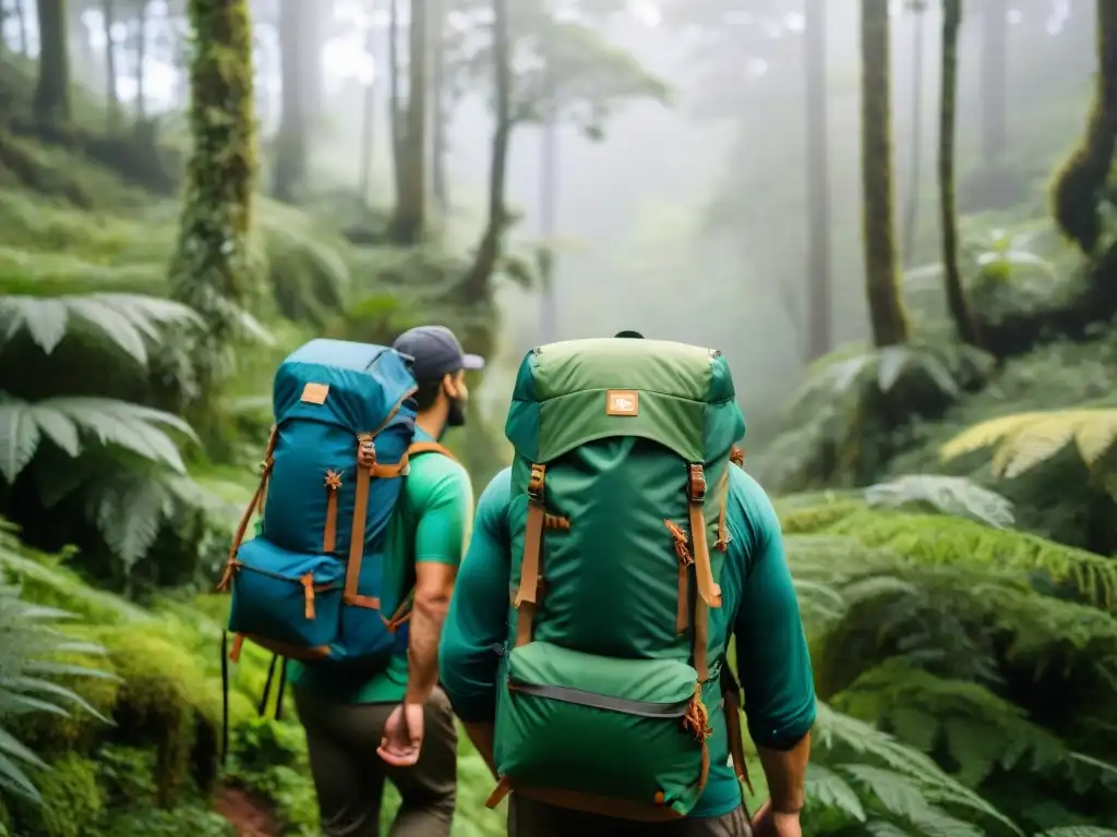 Exploradores uruguayos con mochilas técnicas de alta gama en la selva Grupo de campistas uruguayos con las mejores mochilas técnicas para camping explorando un denso bosque verde