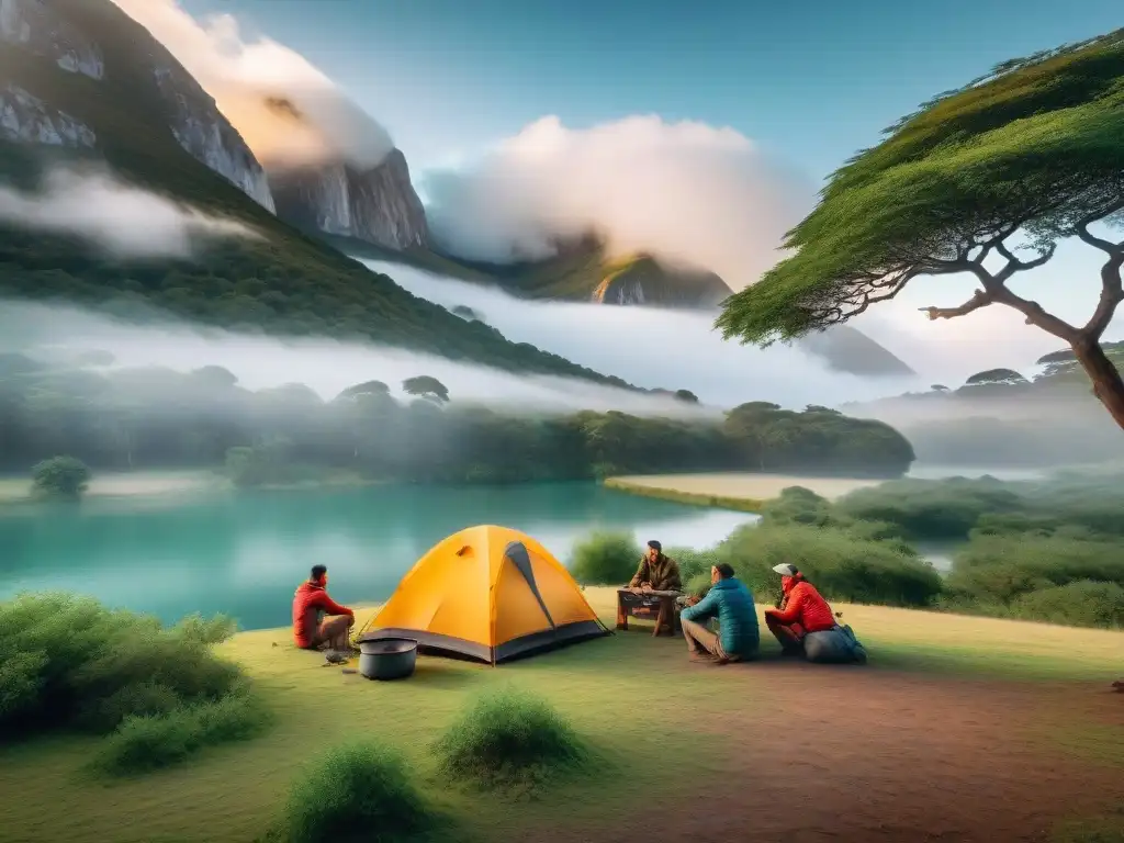 Campamento en Uruguay: aventura y camaradería en la naturaleza Grupo de campistas uruguayos disfrutando de la naturaleza con las mejores herramientas multifuncionales camping