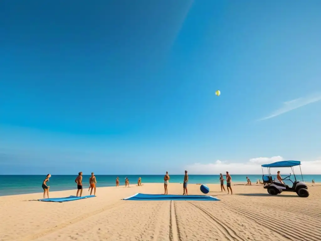 Montaje profesional de cancha de vóley en la playa de Uruguay Grupo montando campo voleibol playa Uruguay bajo sol brillante y cielo azul, creando atmósfera armónica y dedicada