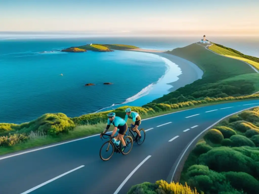 Épica ciclista sostenible en la costa de Uruguay Grupo de ciclistas promoviendo el ciclismo sostenible en Uruguay, rodeados de paisajes vibrantes y el mar azul