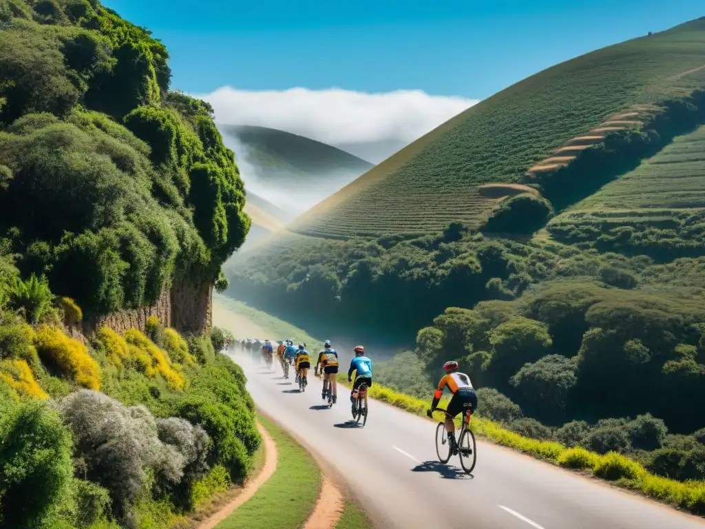 Aventura en Bicicleta: Ciclistas en Uruguay Un grupo de ciclistas en Uruguay pedaleando en un escenario natural, transmitiendo aventura y camaradería