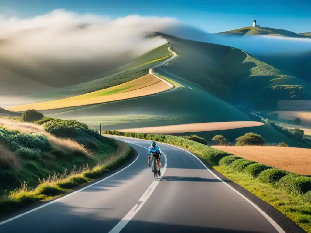 Épica travesía en bicicleta por el campo uruguayo Grupo de ciclistas intermedios pedaleando con determinación en el hermoso paisaje campestre de Uruguay