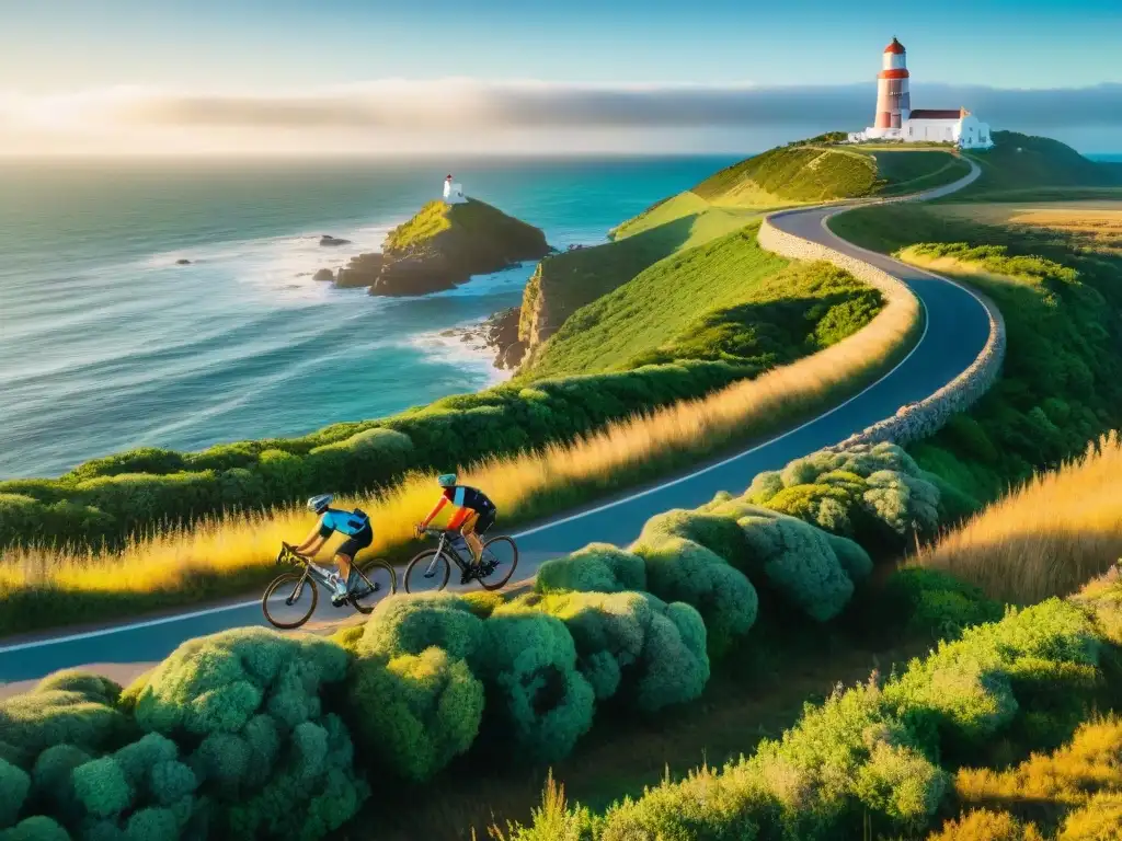 Aventura en bicicleta: ciclistas en ruta costera de Uruguay Grupo de ciclistas pedaleando junto al mar en Uruguay, con un faro al fondo al amanecer