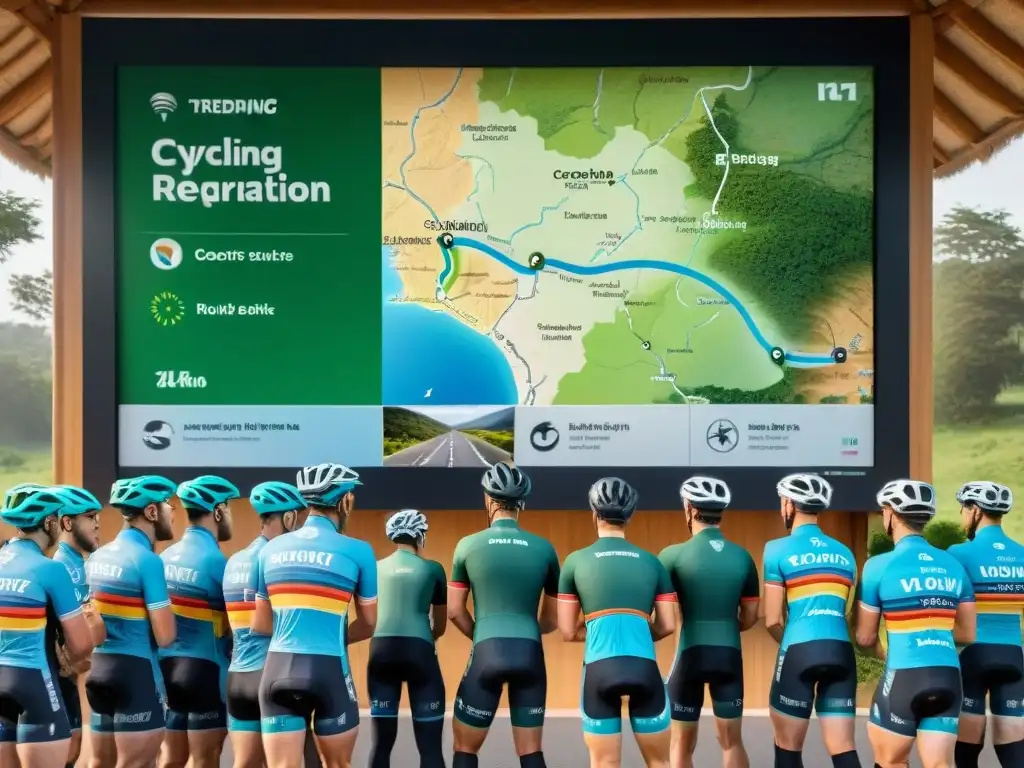 Equipo de ciclistas en Uruguay: preparación y determinación Grupo de ciclistas con coach y mapa de rutas en Uruguay