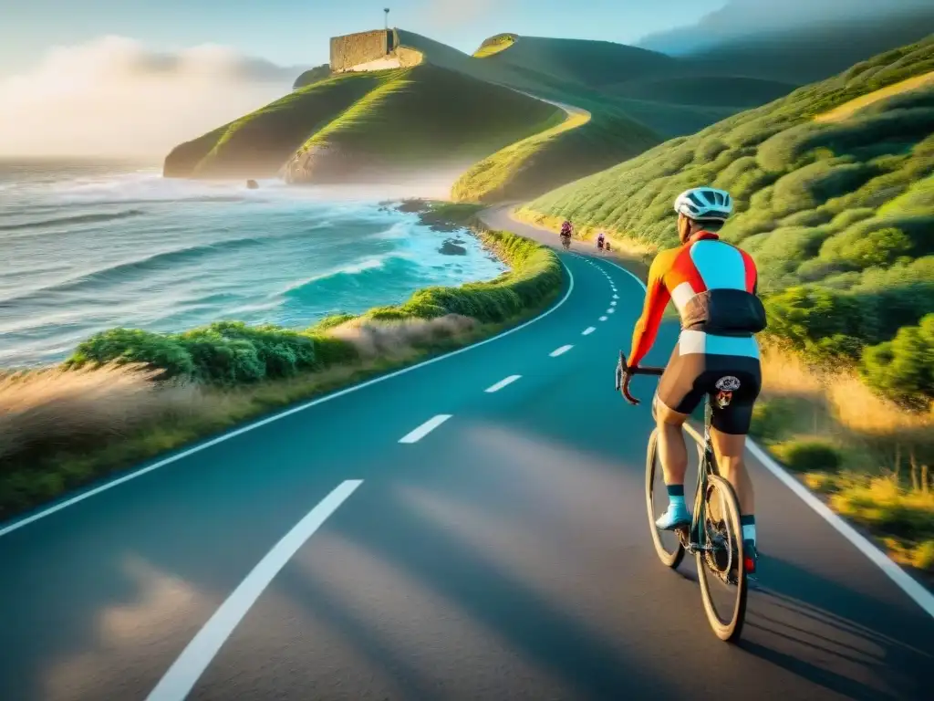 Recorrido en bicicleta por la costa de Uruguay Un grupo de ciclistas diversos recorriendo una pintoresca ruta costera en Uruguay