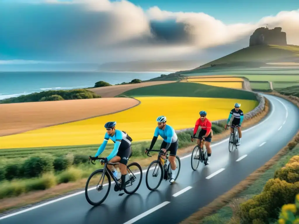 Explora Uruguay en bicicleta: ciclistas en paisaje costero Grupo de ciclistas recorriendo pintoresca ruta costera en Uruguay, con colinas y mar al fondo