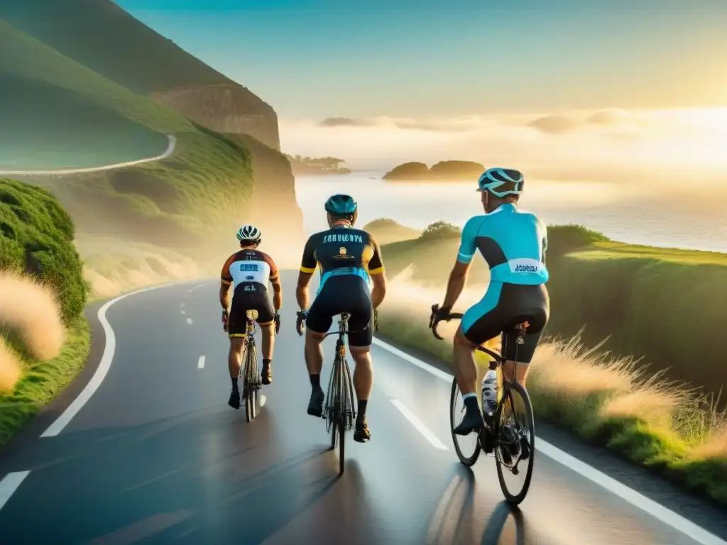 Épica travesía en bicicleta por la costa de Uruguay al atardecer Un grupo de ciclistas pedaleando en un pintoresco camino costero en Uruguay al atardecer, con un cálido resplandor dorado