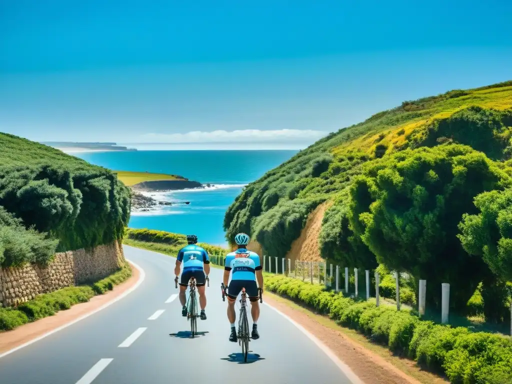 Ciclistas en ruta costera en Uruguay: paisajes vibrantes y serenidad Un grupo de ciclistas recorriendo rutas ciclísticas en Uruguay, con el Atlántico y exuberante vegetación