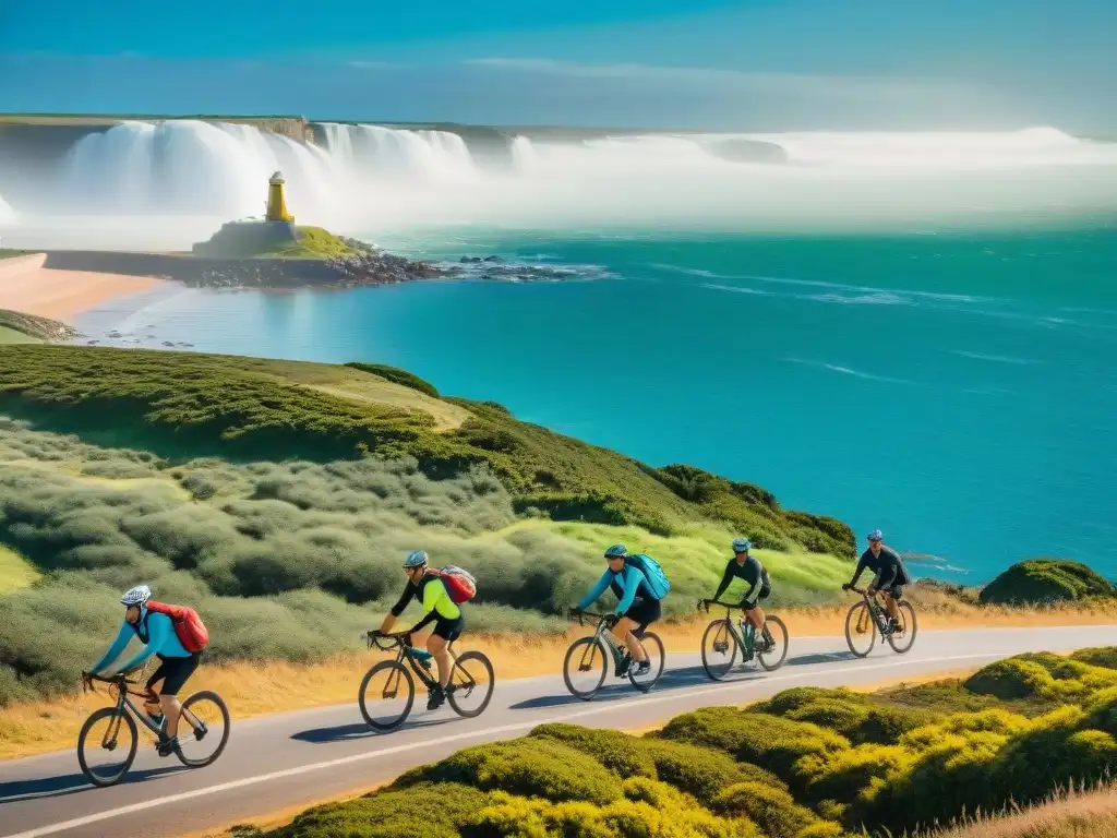 Ciclistas explorando la costa de Uruguay: aventura y patrimonio cultural Un grupo de ciclistas recorriendo rutas ciclísticas en Uruguay, con tiendas coloridas y patrimonio cultural de fondo
