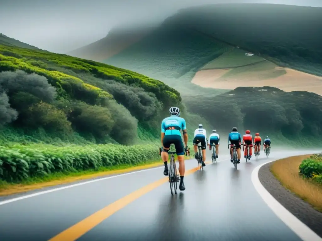 Excursión gastronómica en bicicleta por la costa de Uruguay Grupo de ciclistas en vibrante vestimenta, recorriendo ruta costera en Uruguay