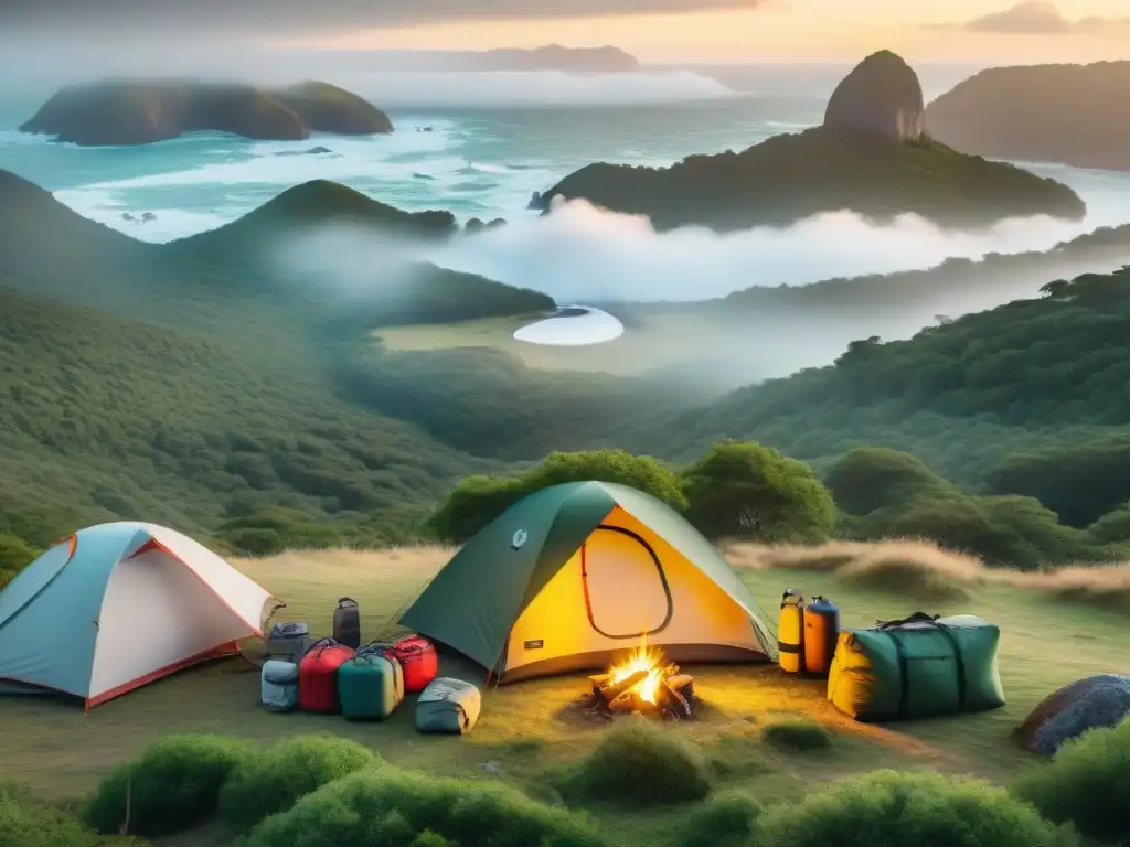 Campamento en Uruguay: Diversión segura en la naturaleza Grupo diverso de campistas disfrutando de actividades al aire libre en un bosque de Uruguay al atardecer, con kits primeros auxilios camping Uruguay