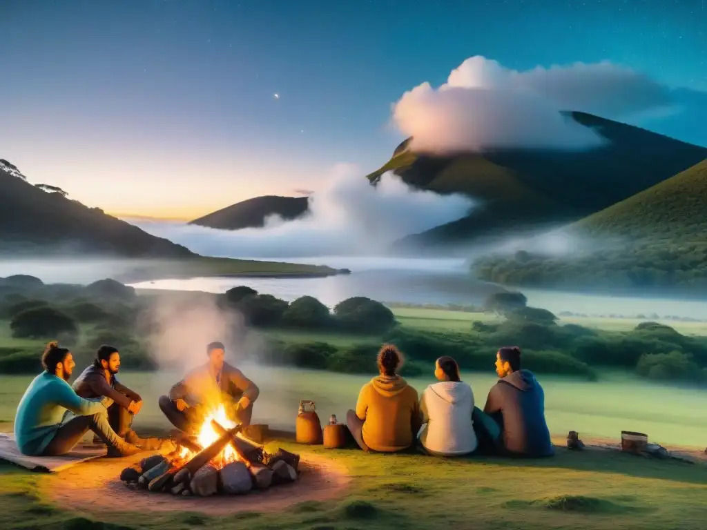 Campamento multicultural en Uruguay: tradiciones y naturaleza Grupo diverso de campistas disfrutan de actividades tradicionales de camping en Uruguay alrededor de fogata bajo cielo estrellado