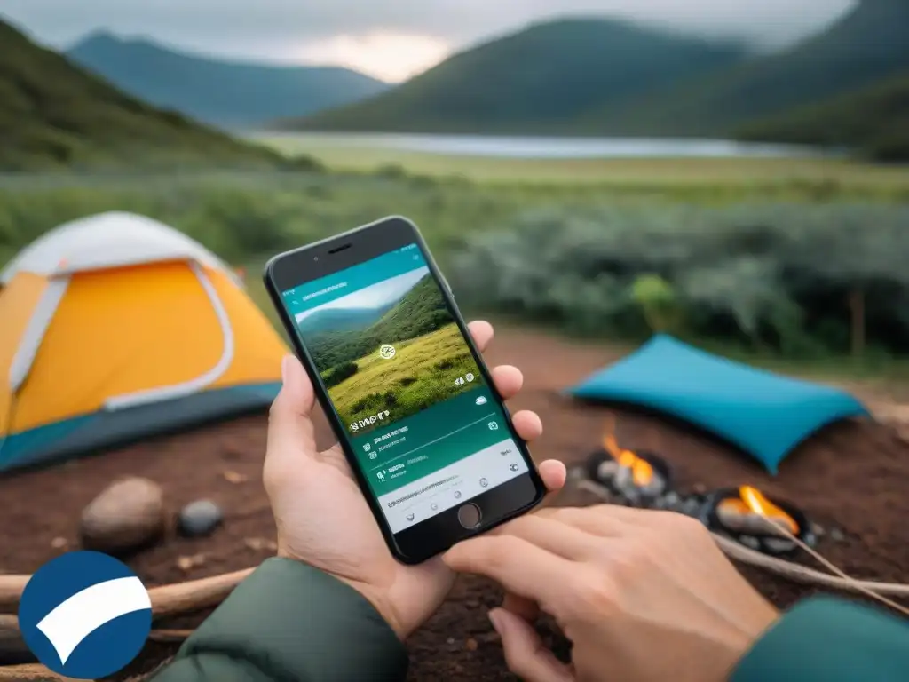 Campamento tecnológico en la naturaleza de Uruguay Grupo diverso de campistas en Uruguay, usando aplicaciones móviles de supervivencia en el bosque