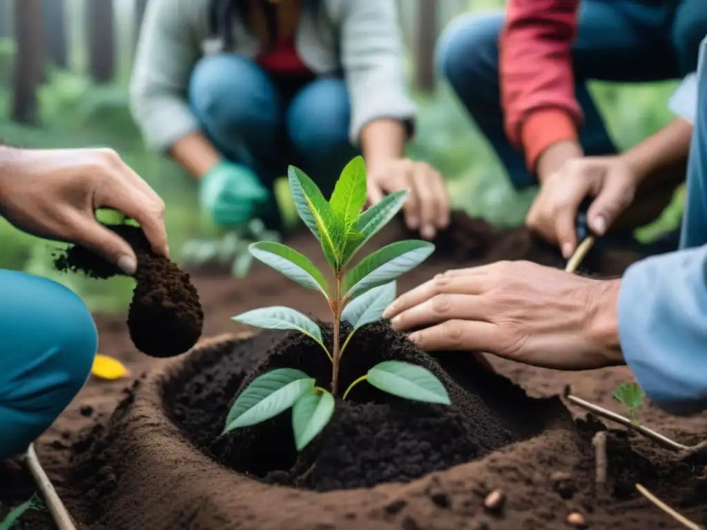 Campamento sostenible: reforestación en Uruguay Grupo diverso de campistas plantando árboles en un bosque verde en Uruguay