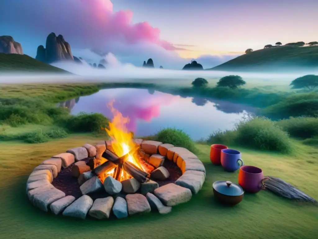 Atardecer tranquilo en campamento en Uruguay Grupo diverso de campistas disfrutando de un atardecer tranquilo en Uruguay, con fogata y mate