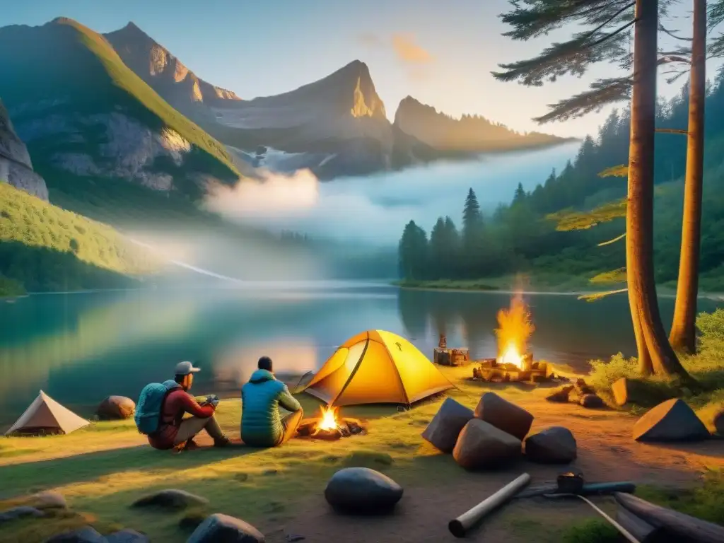 Campamento en el bosque: diversión al aire libre Un grupo diverso de campistas aventureros monta tiendas y prepara fogata en un claro boscoso, mostrando la esencia de la exploración al aire libre