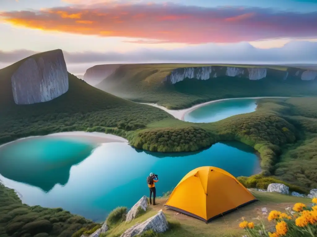 Explorando la naturaleza: Fotógrafos de aventura en Uruguay Grupo diverso de campistas capturando la belleza de la naturaleza en un camping en Uruguay con diferentes cámaras