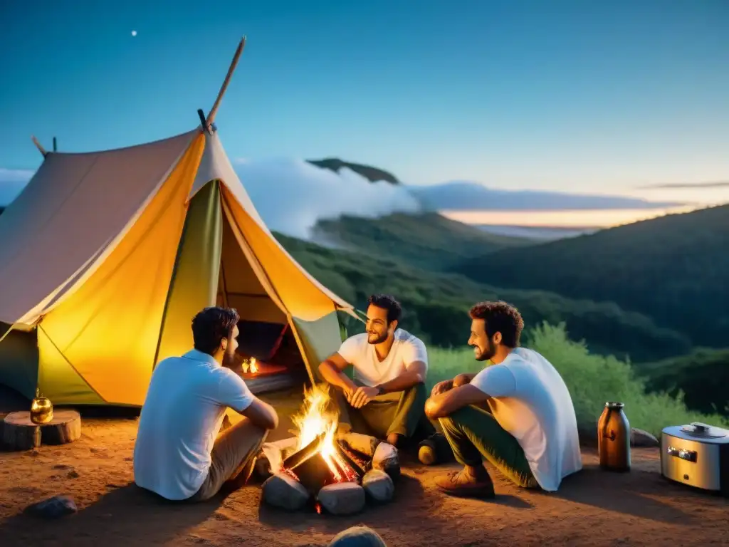 Campamento nocturno con mate en bosque uruguayo Grupo diverso de campistas disfrutan de un fogón al anochecer en un bosque de Uruguay, con tazas de mate