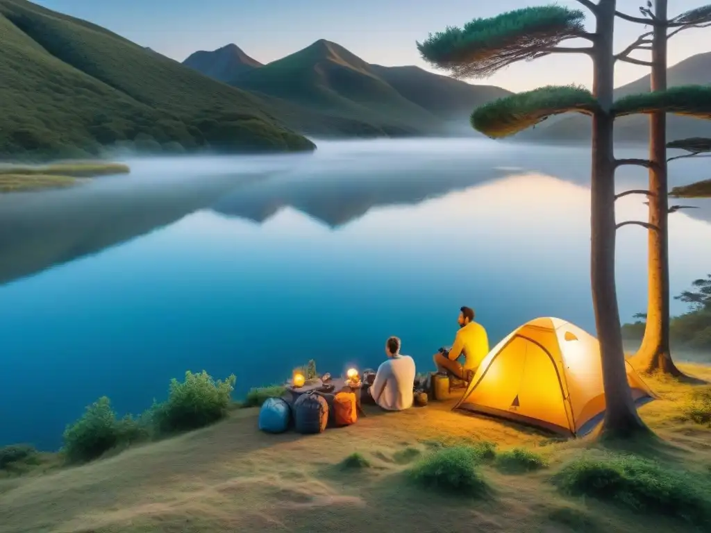 Campamento diverso en la naturaleza de Uruguay Grupo diverso de campistas armando campamento en la naturaleza de Uruguay con fundas impermeables para equipo camping