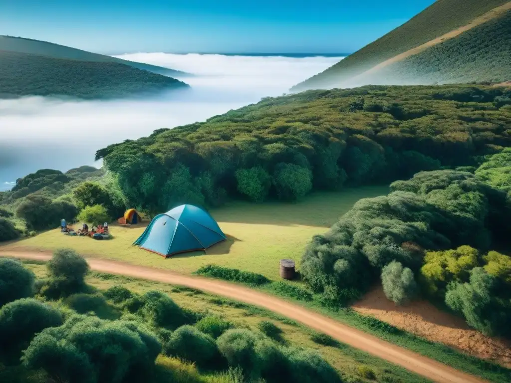 Campamento sostenible en Uruguay: diversión eco-friendly en la naturaleza Grupo diverso de campistas disfrutando de un camping sostenible en Uruguay, promoviendo la reducción de huella ambiental