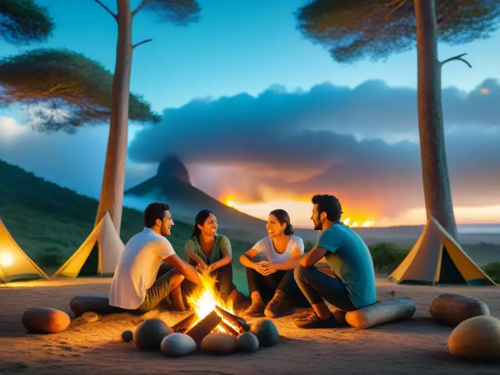 Encuentro cultural en el bosque uruguayo: mate y risas alrededor del fogón Grupo diverso de campistas disfrutando de una ceremonia de mate alrededor de la fogata en el bosque uruguayo