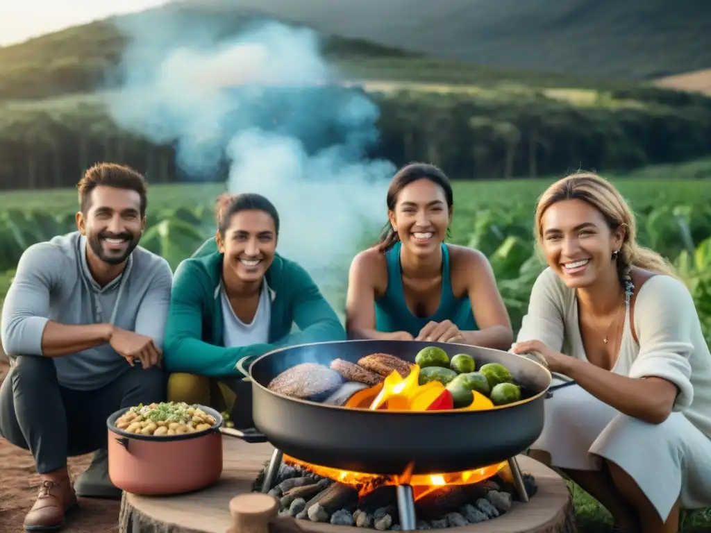 Campamento solar: Cocina uruguaya sostenible en la naturaleza Grupo diverso de campistas cocinando con cocinas solares en Uruguay, resaltando la sostenibilidad y la diversión al aire libre