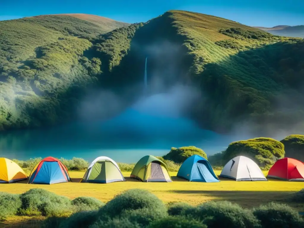 Camping diverso en Uruguay: tiendas coloridas y naturaleza exuberante Un grupo diverso de campistas montando coloridas carpas en un tranquilo camping en Uruguay