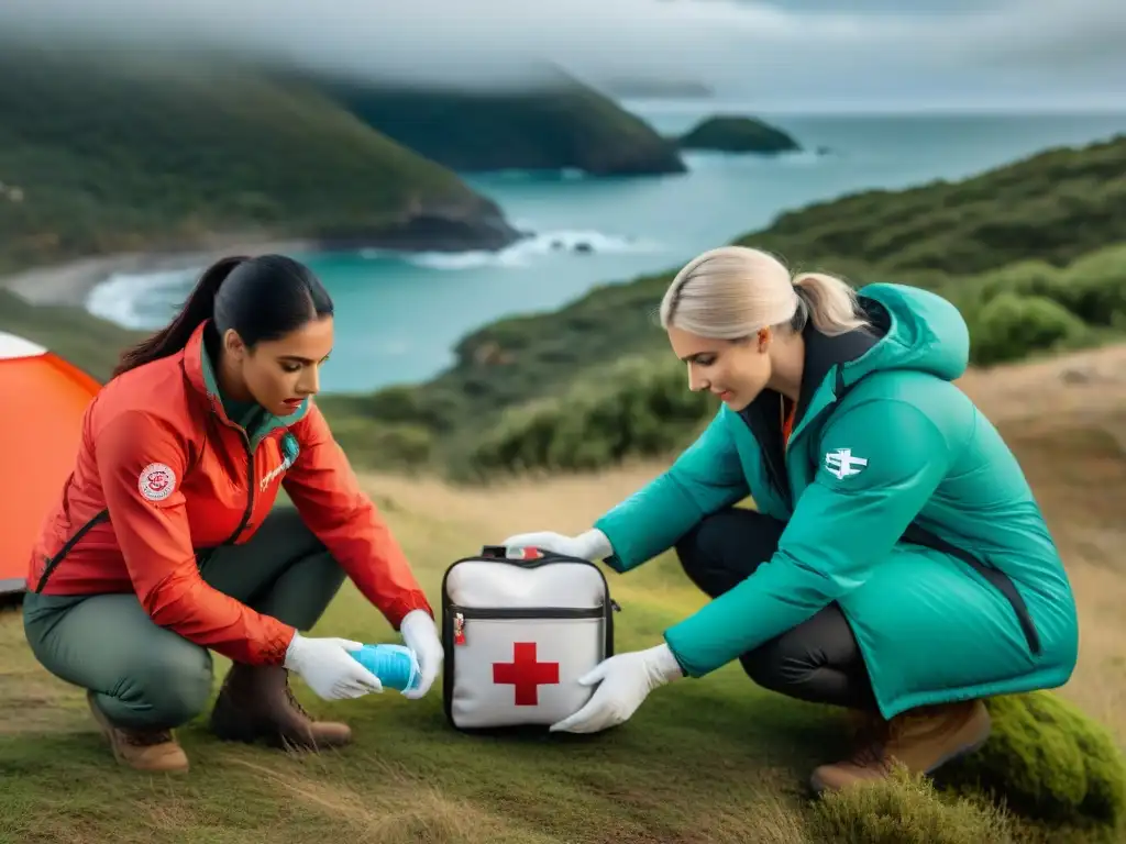 Equipo de campamento seguro explorando kit de primeros auxilios en Uruguay Grupo diverso de campistas explorando un completo kit de primeros auxilios en un entorno natural en Uruguay