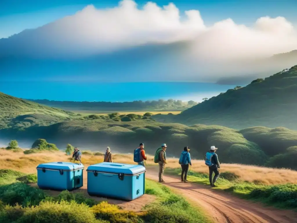 Campamento ecoamigable en Uruguay: prácticas sostenibles en la naturaleza Grupo diverso de campistas en Uruguay practicando consejos para minimizar residuos en camping, rodeados de naturaleza prístina