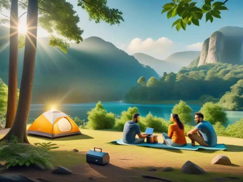 Camping sostenible: campistas cargando dispositivos con energía solar Grupo diverso de campistas recargando dispositivos con energía solar en un hermoso campamento ecofriendly