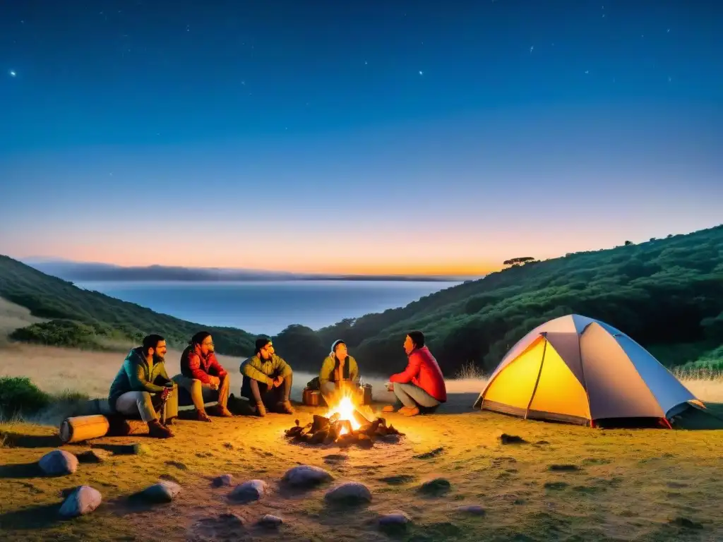 Acampando bajo las estrellas: diversidad y calidez en Uruguay Grupo diverso de campistas alrededor de fogata en Uruguay