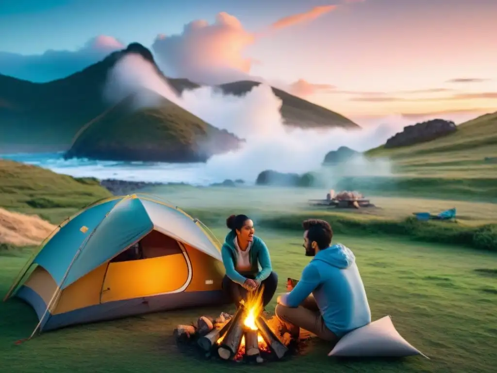 Campamento diverso al atardecer en Uruguay Grupo diverso de campistas alrededor de fogata en campamento en Uruguay
